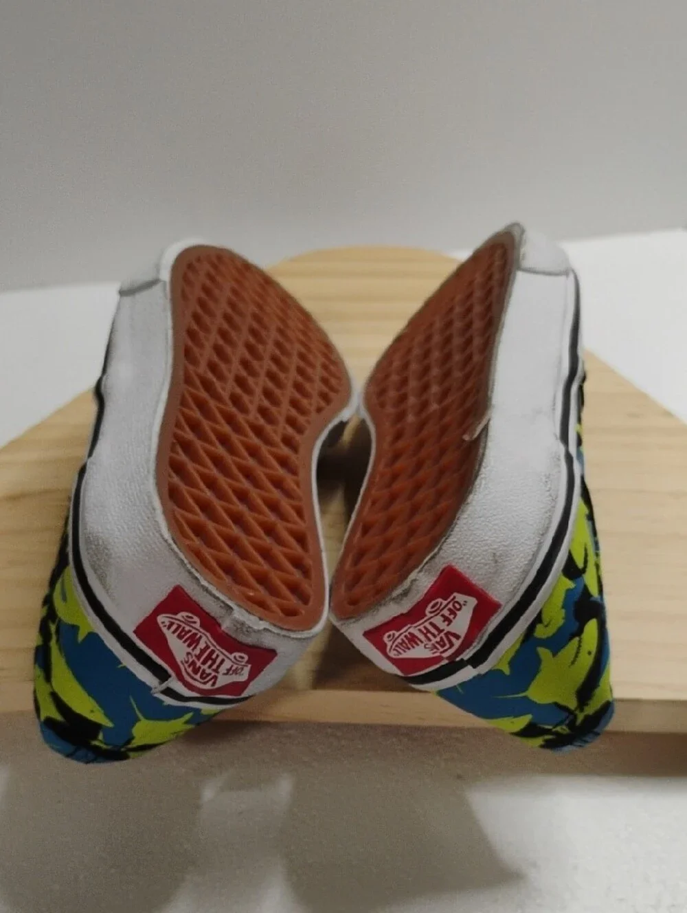 Vans Kids Slip-On Sneakers in Neon Yellow, Blue & Black Shark Motif